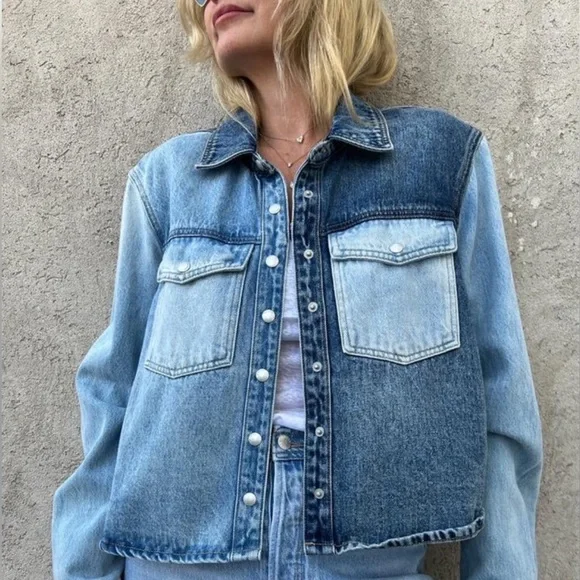 BLANK NYC Two-tone Cropped Denim Jean Jacket Size Large - Picture 2 of 12